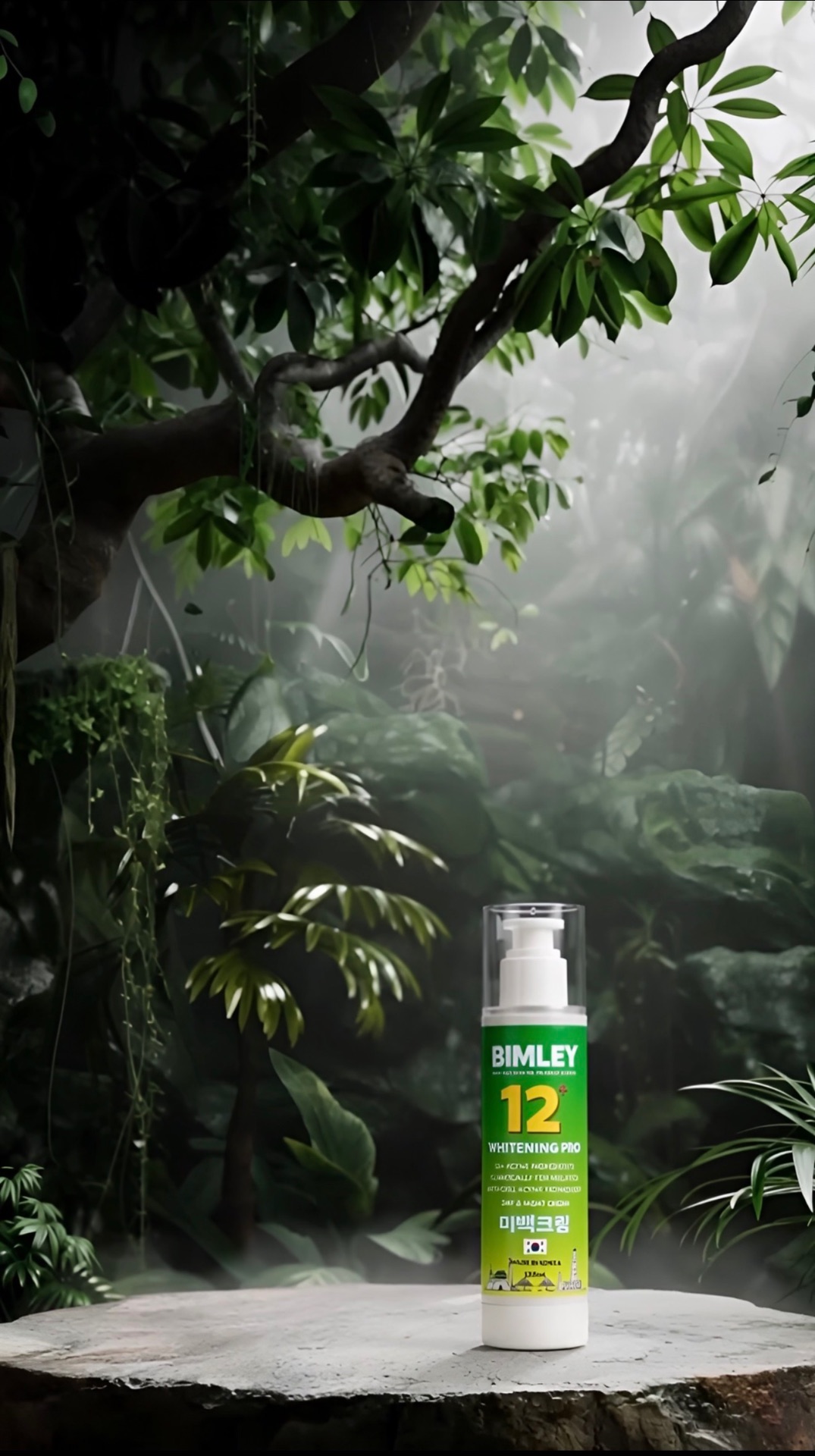 Bimley 12+ Whitening Pro bottle in a lush natural setting